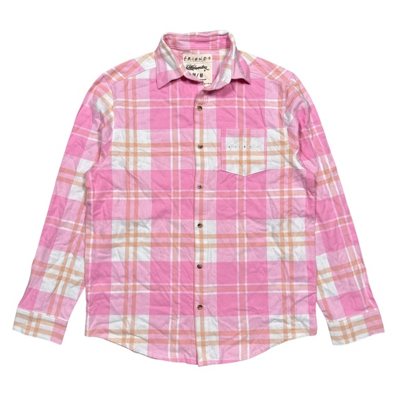 Cakeworthy x Friends Chandler Pink White Plaid Flannel Button Shirt Mens Medium - Picture 2 of 8